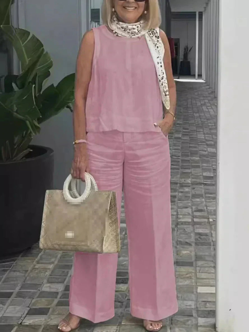 Zweiteiliges Damen Sommer-Set aus Leinen mit Ärmelloser Bluse – Maelis