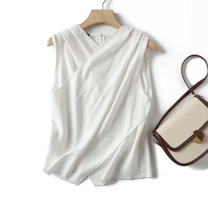 Weiße luftige & stylische ärmellose Leinenbluse für Damen – Amira