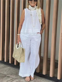 Zweiteiliges Damen Sommer-Set aus Leinen mit Ärmelloser Bluse – Maelis