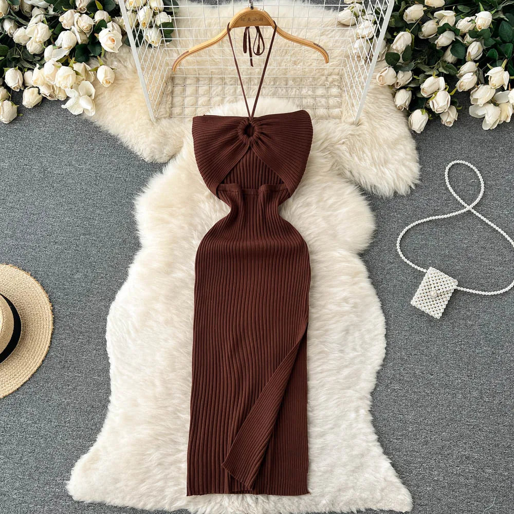 Trendy rückenfreies Maxi-Strickkleid mit Seitenschlitz für Damen (Einheitsgröße) – Liora