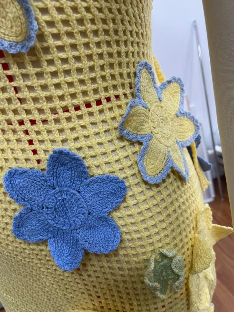 Gelbes gehäkeltes Sommer-Minikleid mit Blumenstickerei für Damen – Nari