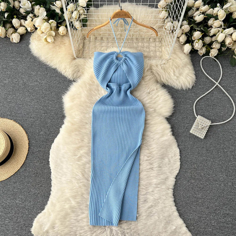 Trendy rückenfreies Maxi-Strickkleid mit Seitenschlitz für Damen (Einheitsgröße) – Liora