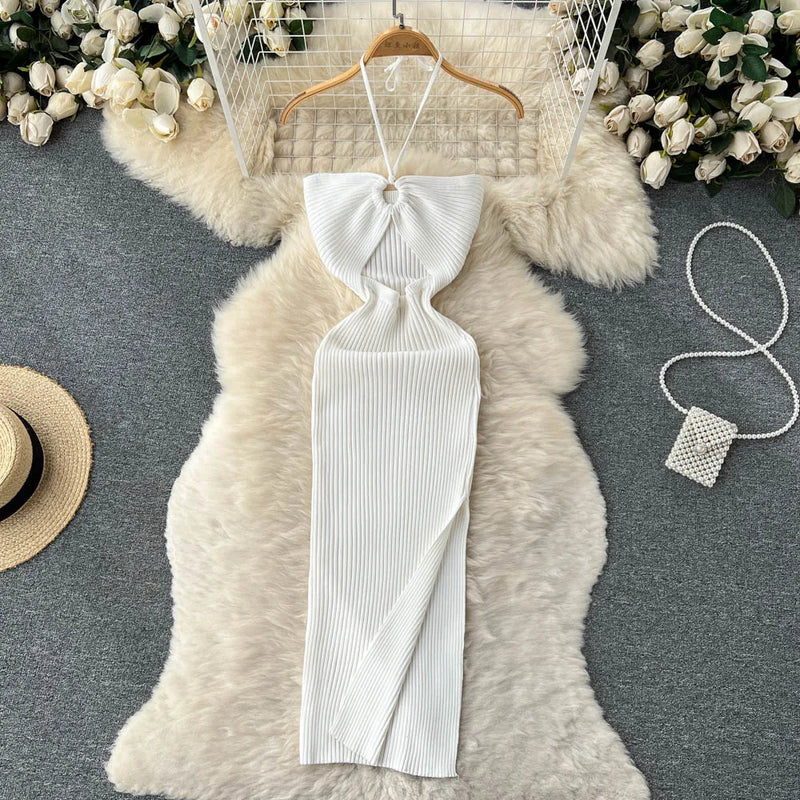Trendy rückenfreies Maxi-Strickkleid mit Seitenschlitz für Damen (Einheitsgröße) – Liora