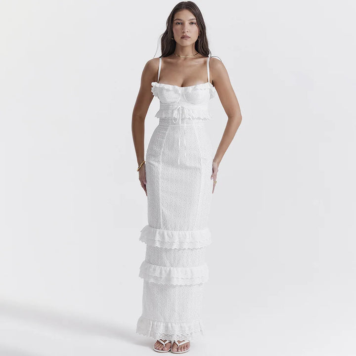 Stilvolles Besticktes Camisole Maxikleid in Weiß – Alina