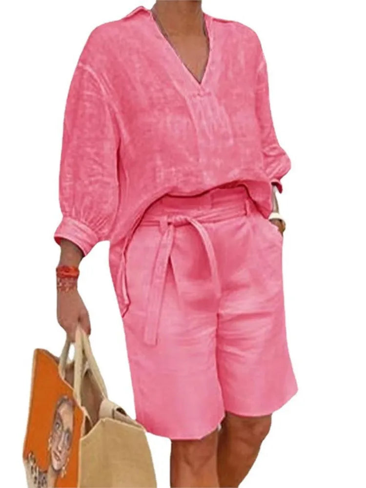 Luftig & Stylisch Zweiteiler aus Leinen mit Bluse & Shorts Damen – Malea