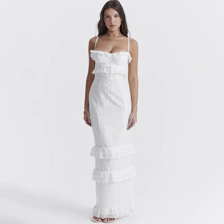Stilvolles Besticktes Camisole Maxikleid in Weiß – Alina