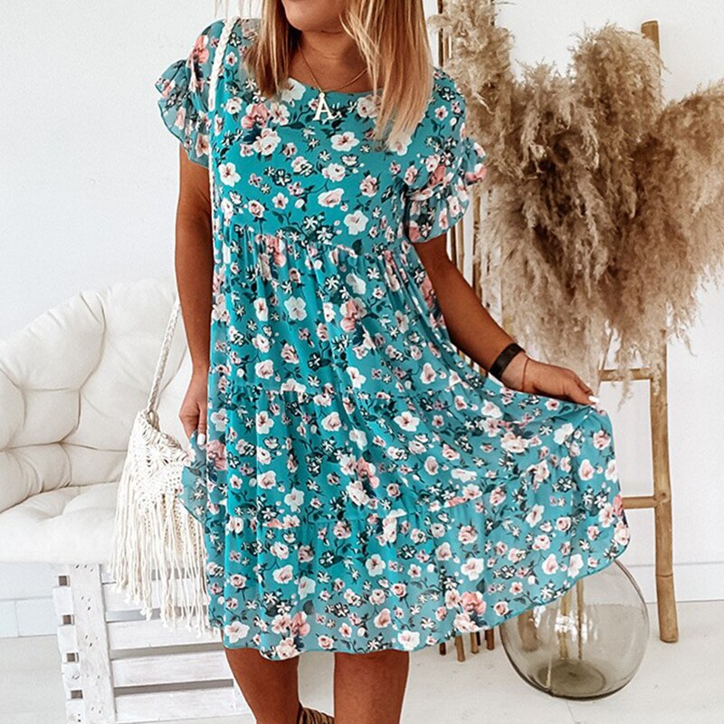 Boho-Blumenkleid mit Rüschen und Taillenschnitt – Calista