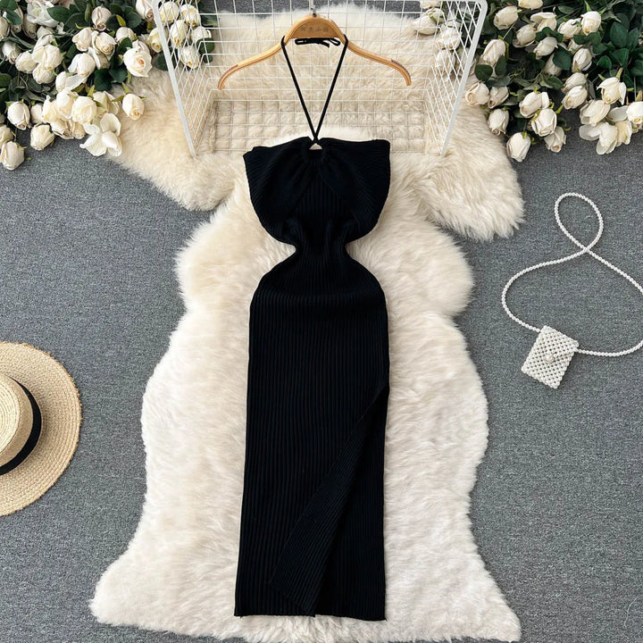 Trendy rückenfreies Maxi-Strickkleid mit Seitenschlitz für Damen (Einheitsgröße) – Liora