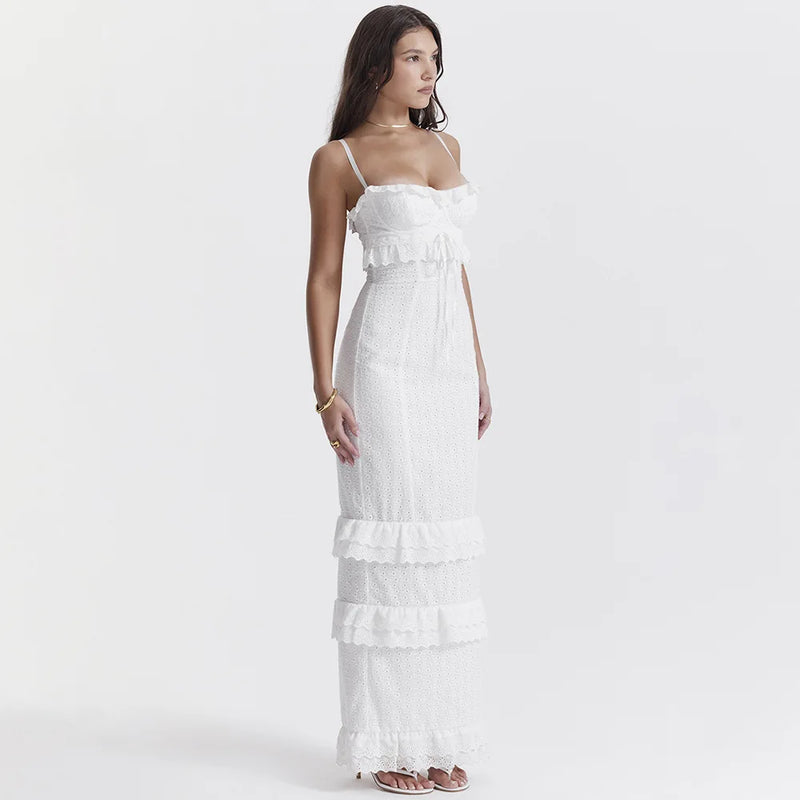 Stilvolles Besticktes Camisole Maxikleid in Weiß – Alina