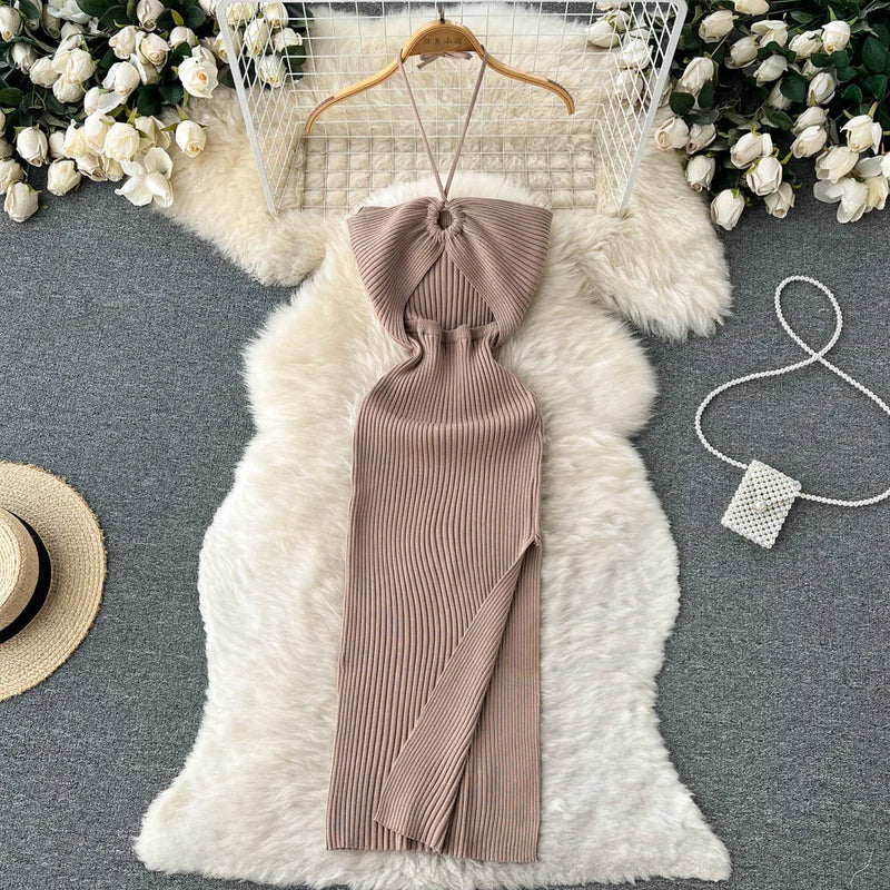 Trendy rückenfreies Maxi-Strickkleid mit Seitenschlitz für Damen (Einheitsgröße) – Liora
