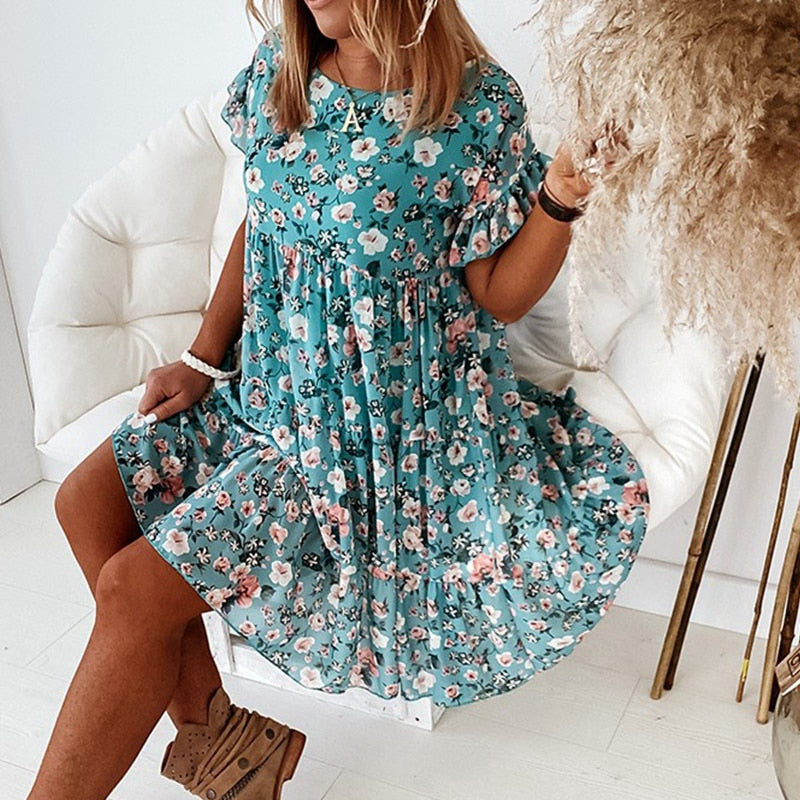 Boho-Blumenkleid mit Rüschen und Taillenschnitt – Calista