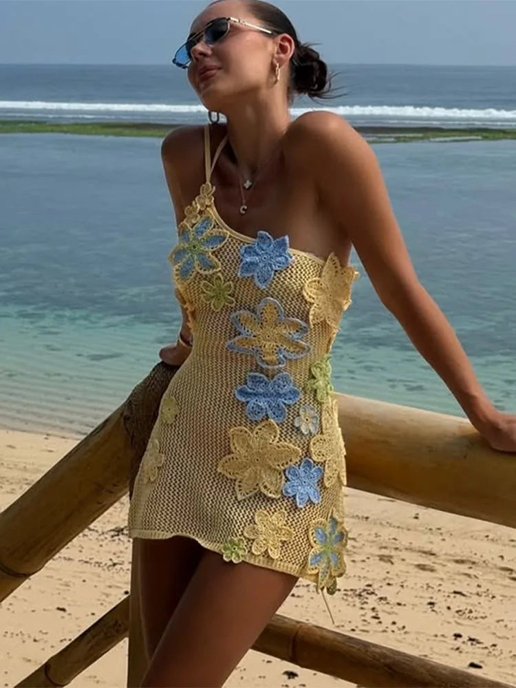 Gelbes gehäkeltes Sommer-Minikleid mit Blumenstickerei für Damen – Nari