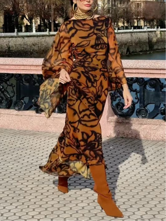 Petra – Langes Kleid mit Print Glamour für den Strand braun – Produktansicht 1