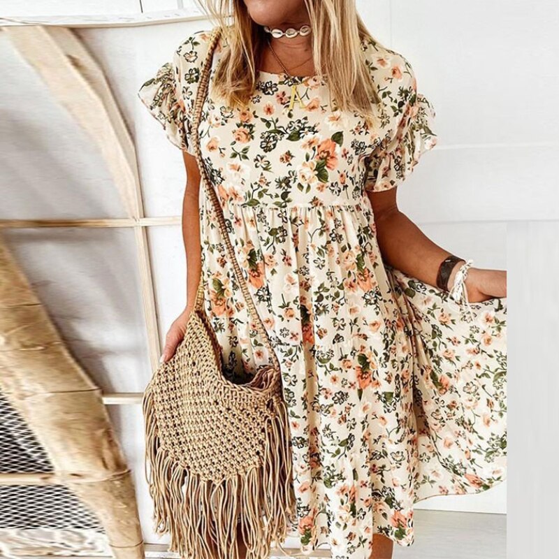 Boho-Blumenkleid mit Rüschen und Taillenschnitt – Calista