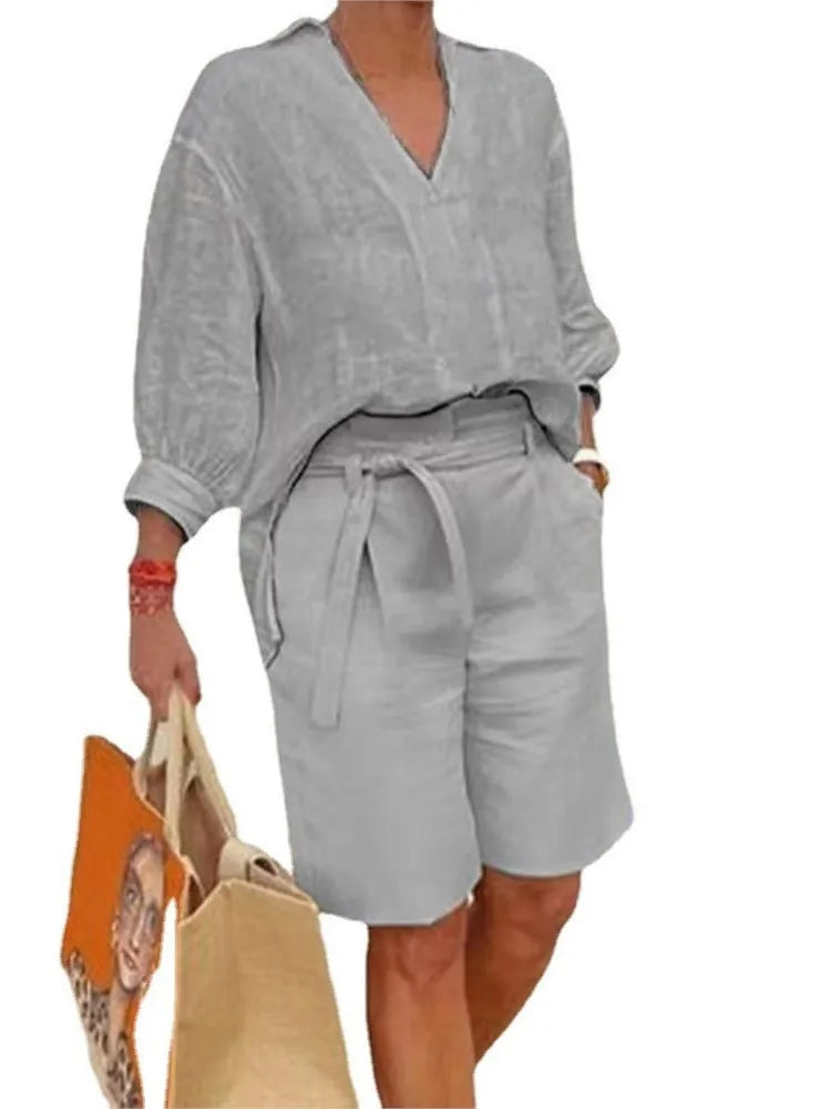 Luftig & Stylisch Zweiteiler aus Leinen mit Bluse & Shorts Damen – Malea