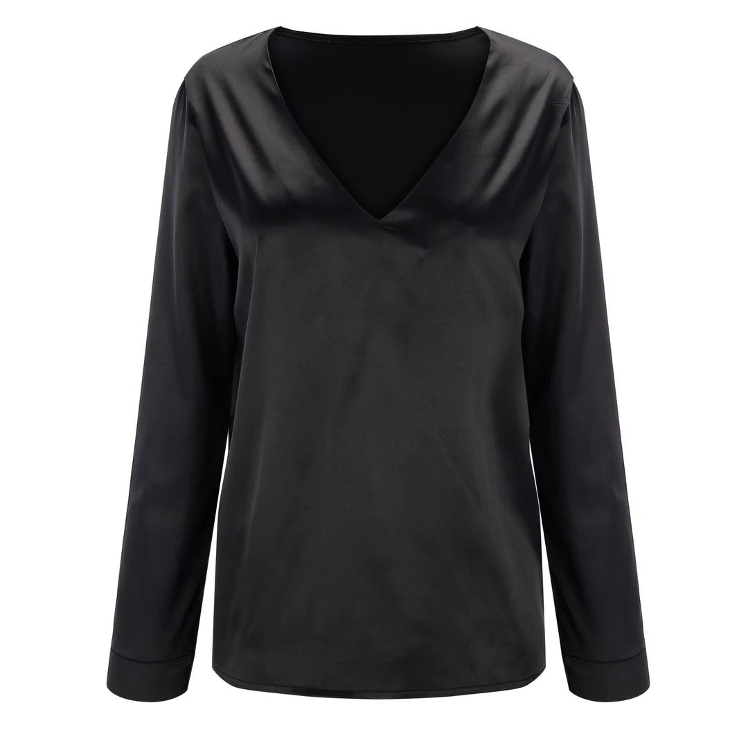 Satin Damenbluse mit tiefem V-Ausschnitt & langen Ärmeln – Daria