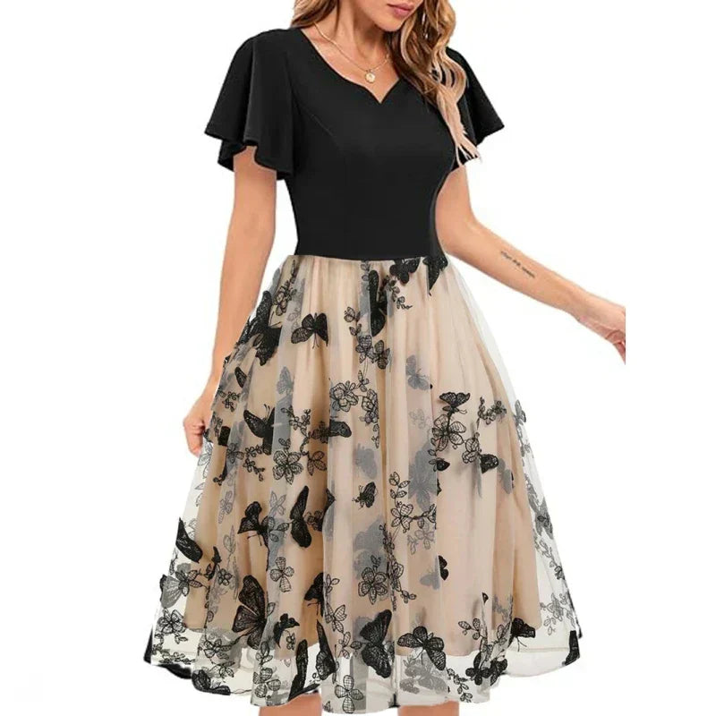 Stilvolle Midikleid aus Mesh mit Stickerei & Volantärmeln – Maila