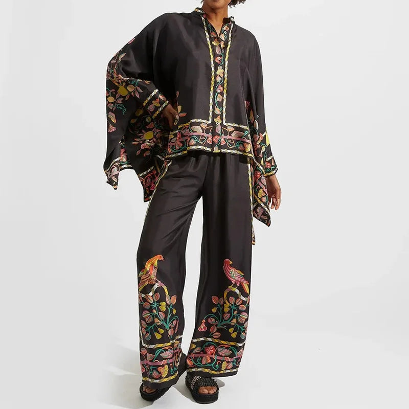 Zweiteiliges Damen Leinen Streetwear-Set Mit Ethno-Print – Samira