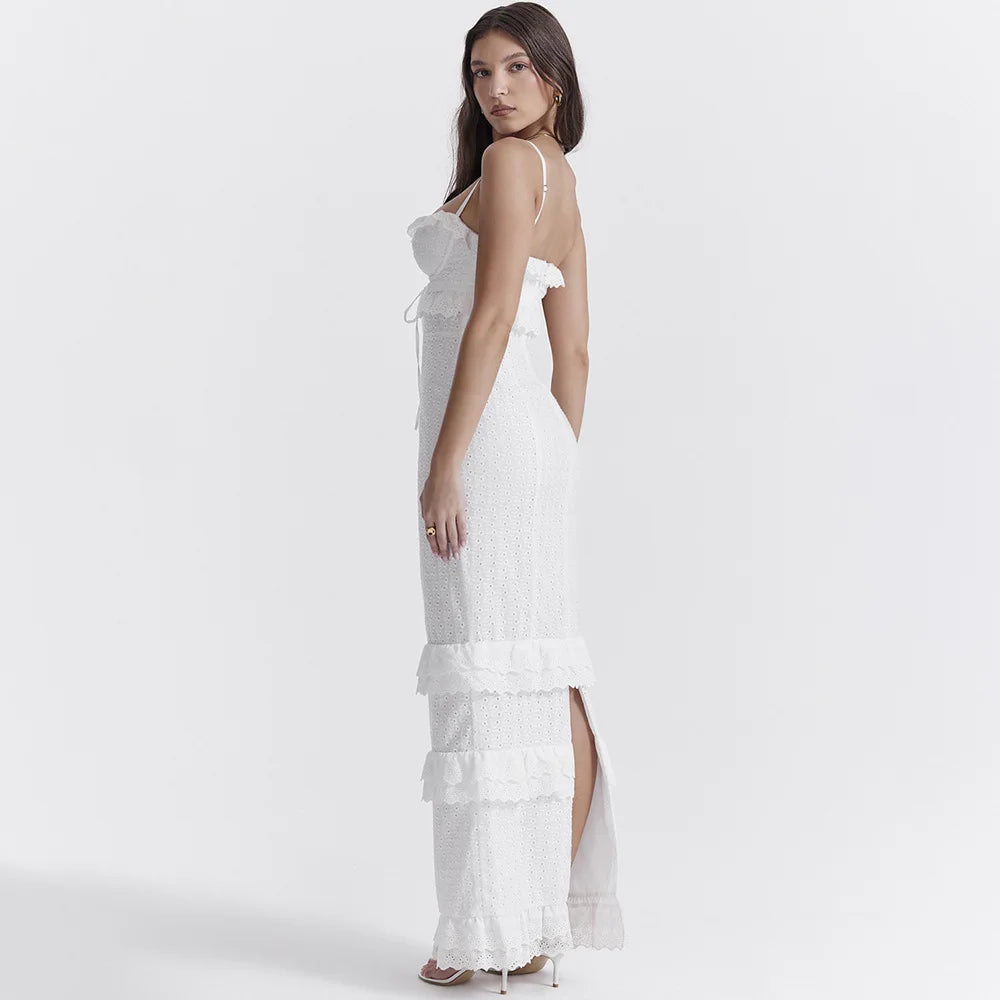 Stilvolles Besticktes Camisole Maxikleid in Weiß – Alina