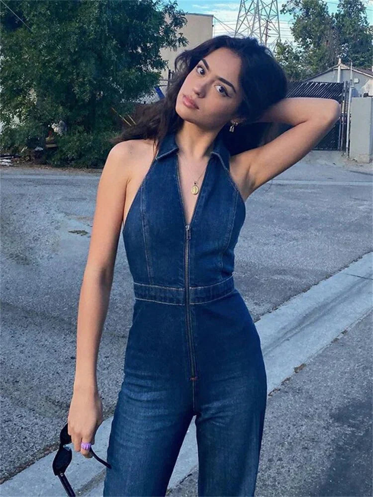Atmungsaktiv & Stylisch Denim Jumpsuit mit V-Ausschnitt Damen – Fenja