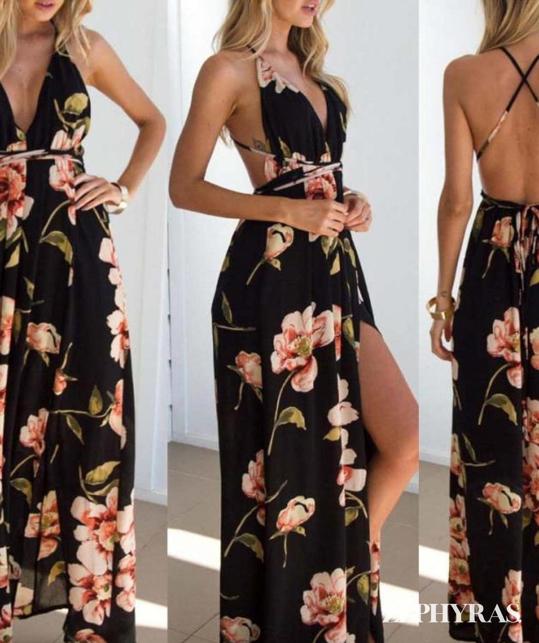 Schwarzes Sommerkleid mit Blumenmuster und lockerer Passform – Mayra