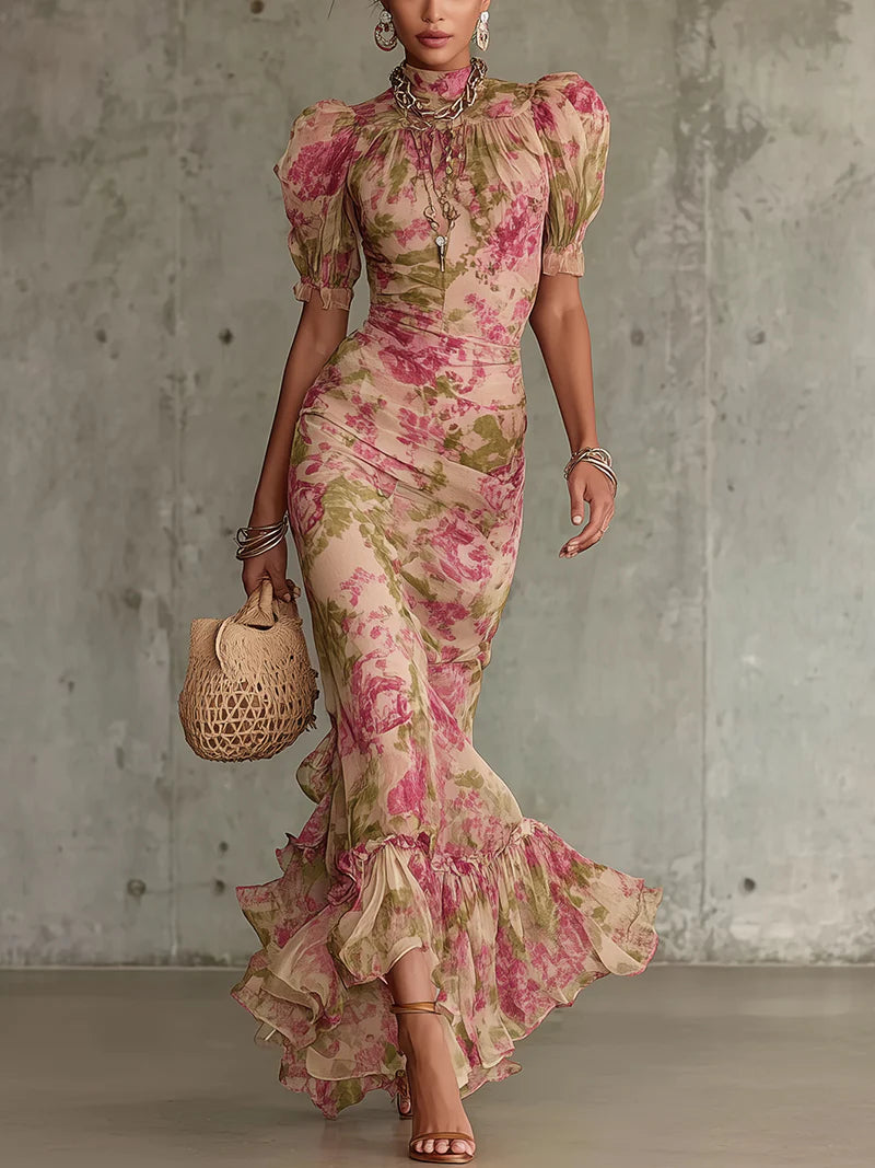 Leonie – Maxikleid mit Stampa rosa Vintage und Puffärmel – Produktansicht 1