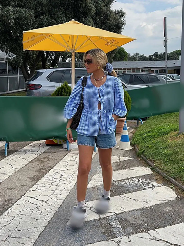 Karierte Damenbluse mit Puffärmeln – Maeve