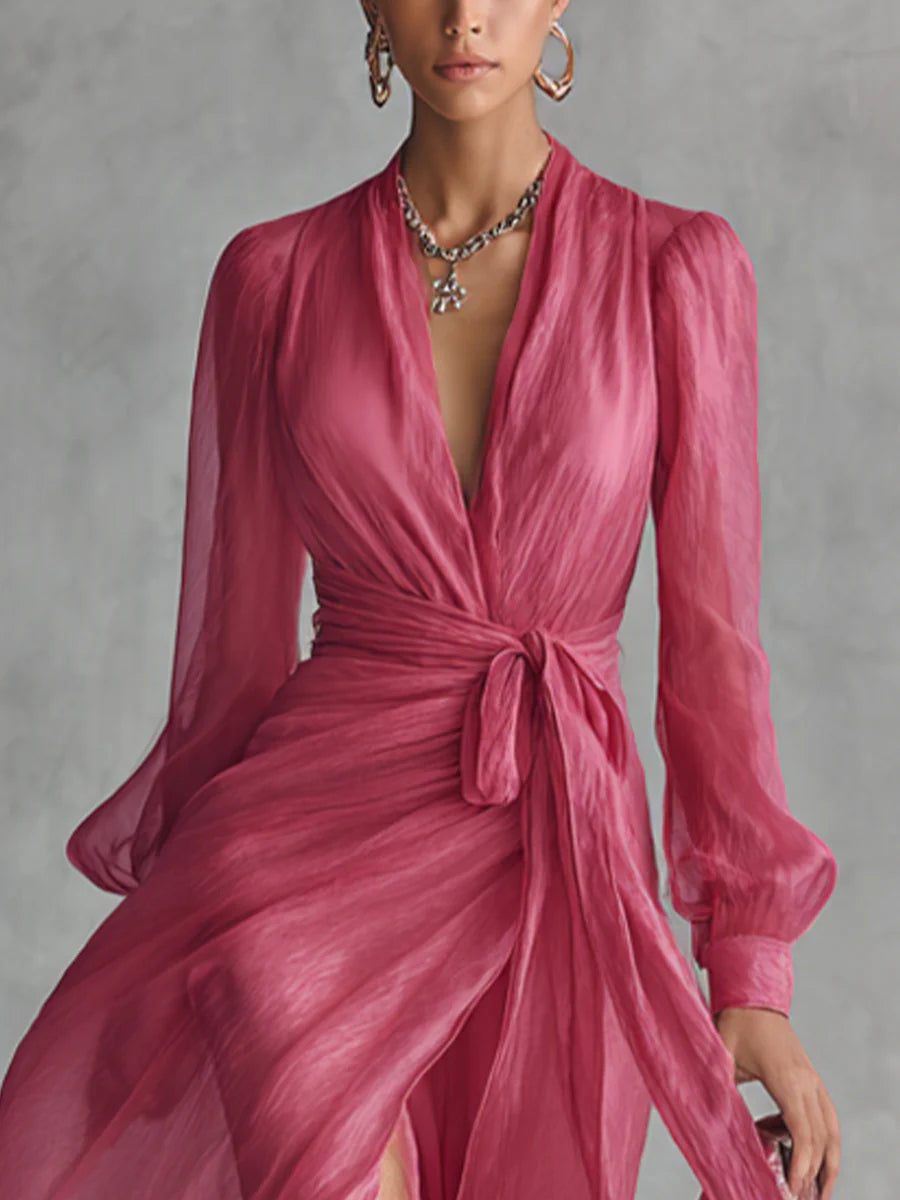 Lea – Langes Kleid aus chiffon elegant mit V-Ausschnitt und Bindetaille – Produktansicht 2