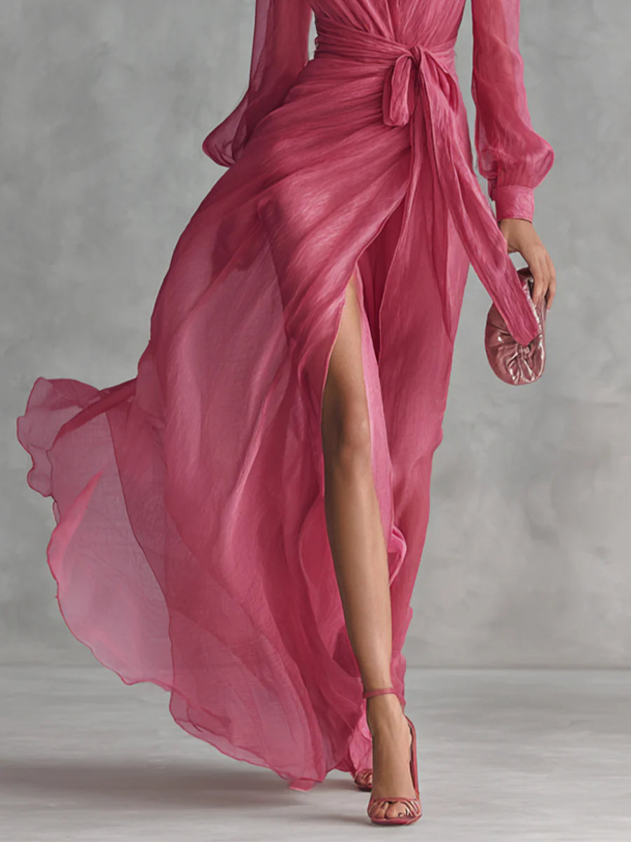 Lea – Langes Kleid aus chiffon elegant mit V-Ausschnitt und Bindetaille – Produktansicht 3