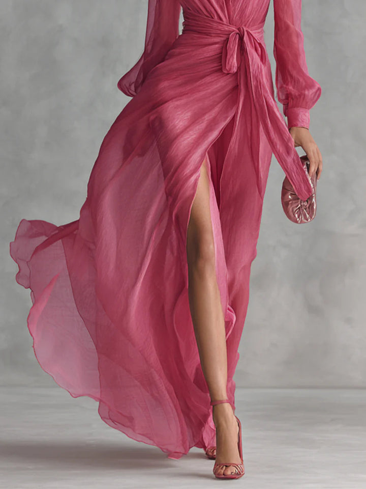 Lea – Langes Kleid aus chiffon elegant mit V-Ausschnitt und Bindetaille – Produktansicht 3