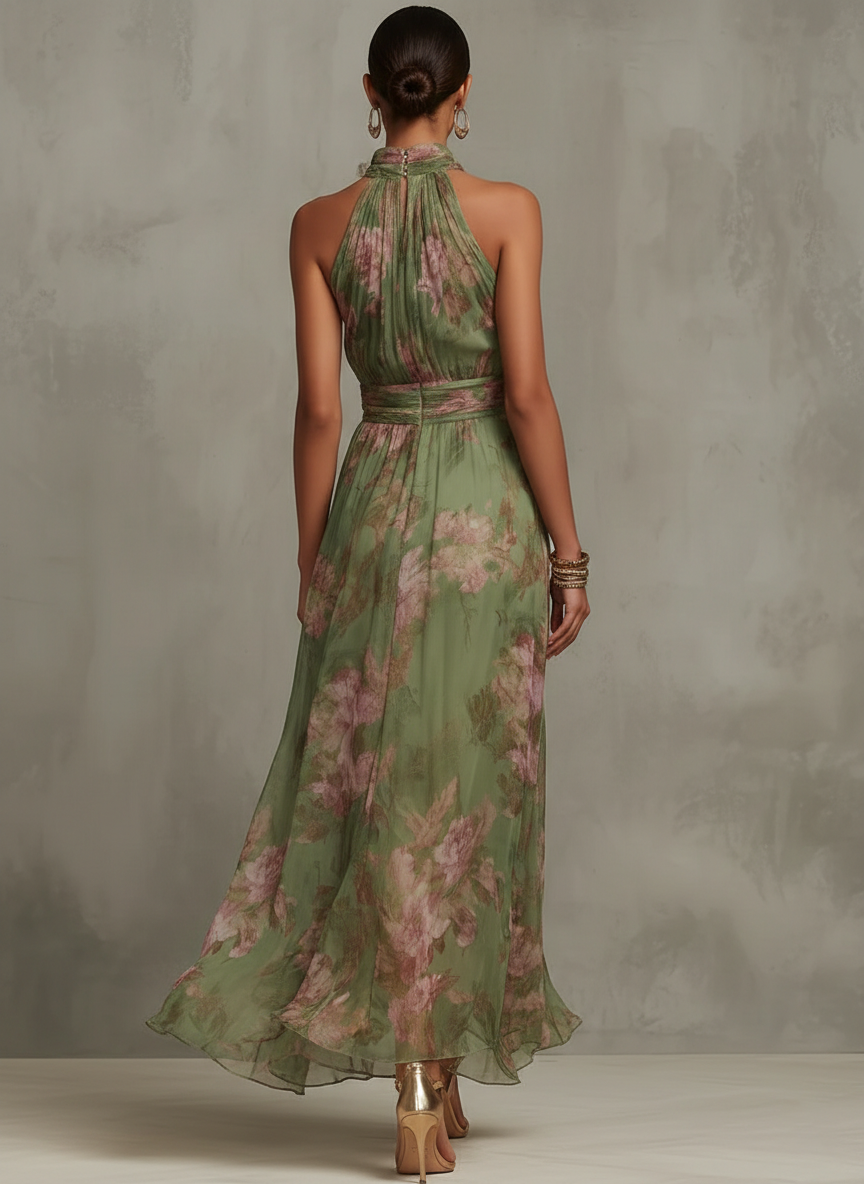 Emma – Maxikleid Chiffon mit Blumenmuster grün mit rückenfrei – Produktansicht 2