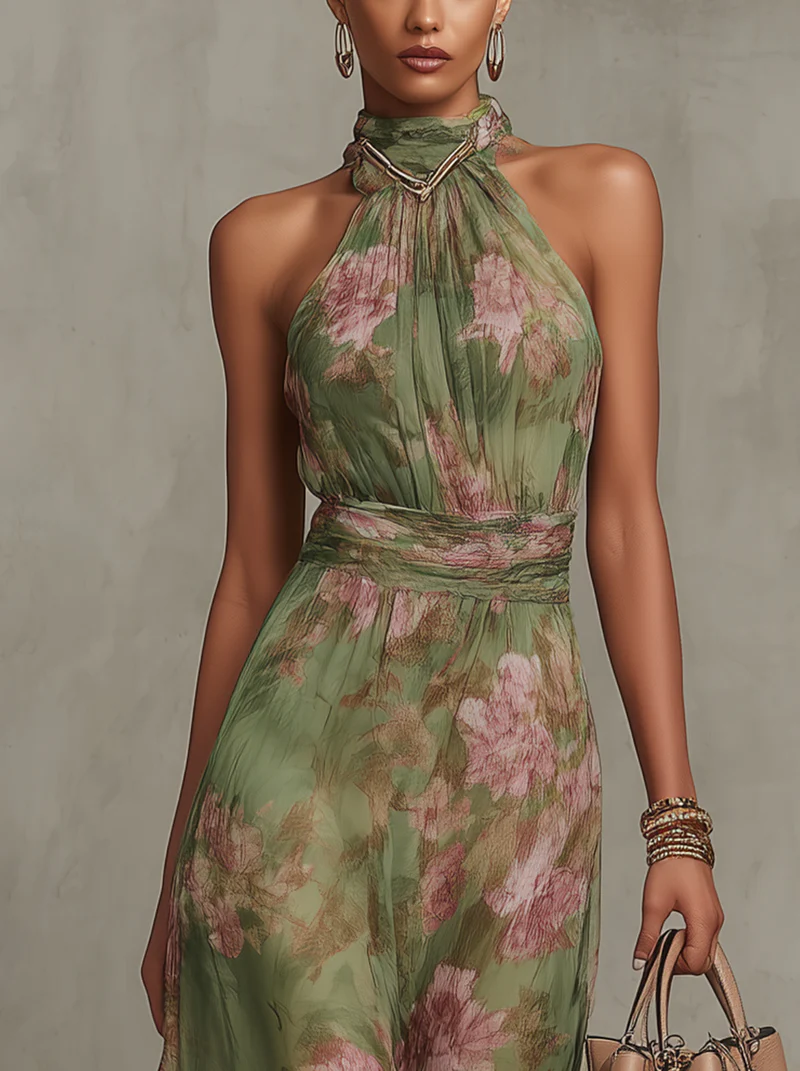 Emma – Maxikleid Chiffon mit Blumenmuster grün mit rückenfrei – Produktansicht 3