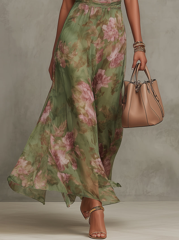Emma – Maxikleid Chiffon mit Blumenmuster grün mit rückenfrei – Produktansicht 4