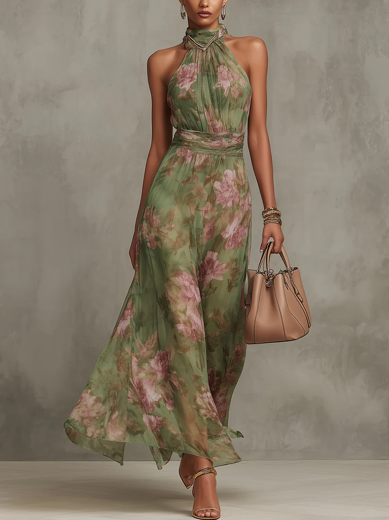 Emma – Maxikleid Chiffon mit Blumenmuster grün mit rückenfrei – Produktansicht 1