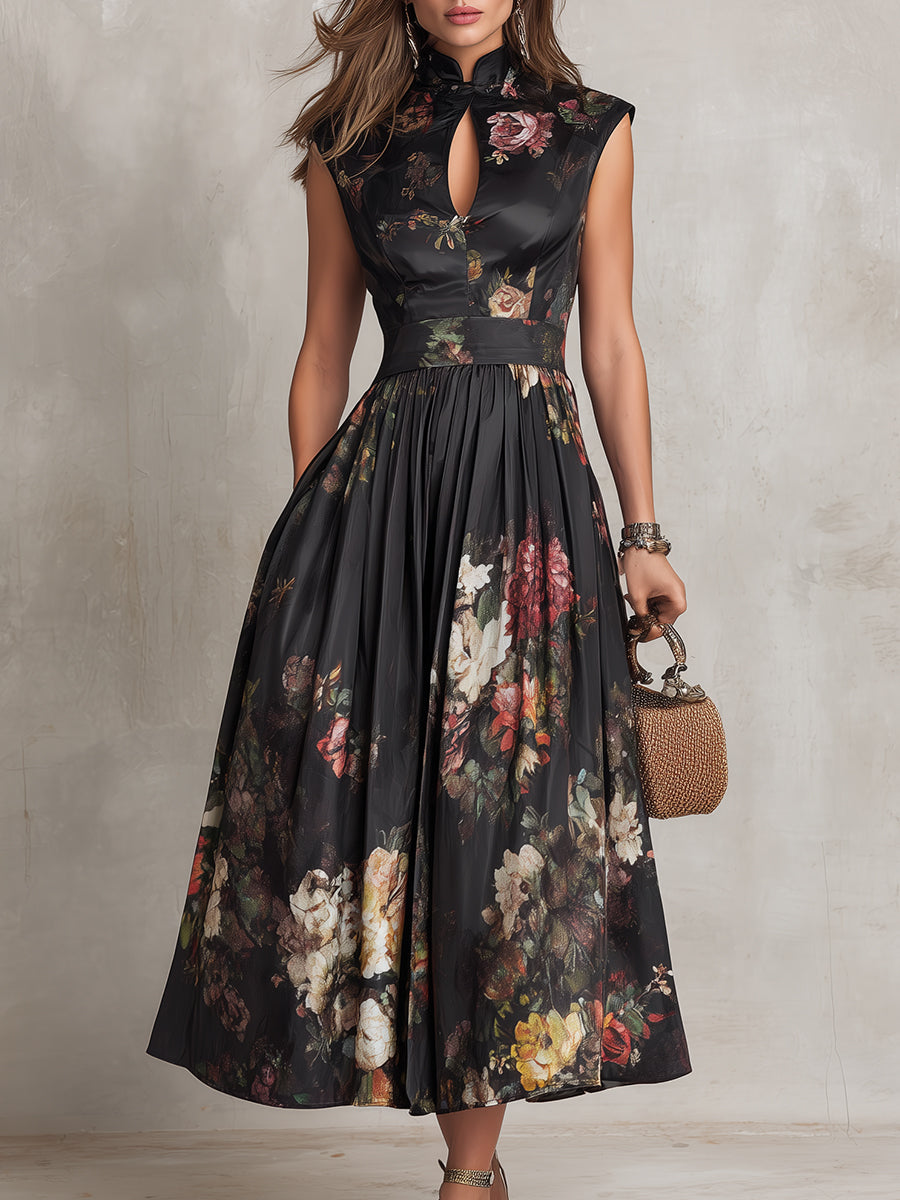 Greta – Midikleid plissiert aus Satin mit Blumenmuster schwarz – Produktansicht 3