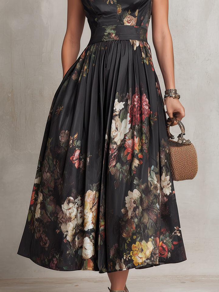 Greta – Midikleid plissiert aus Satin mit Blumenmuster schwarz – Produktansicht 5