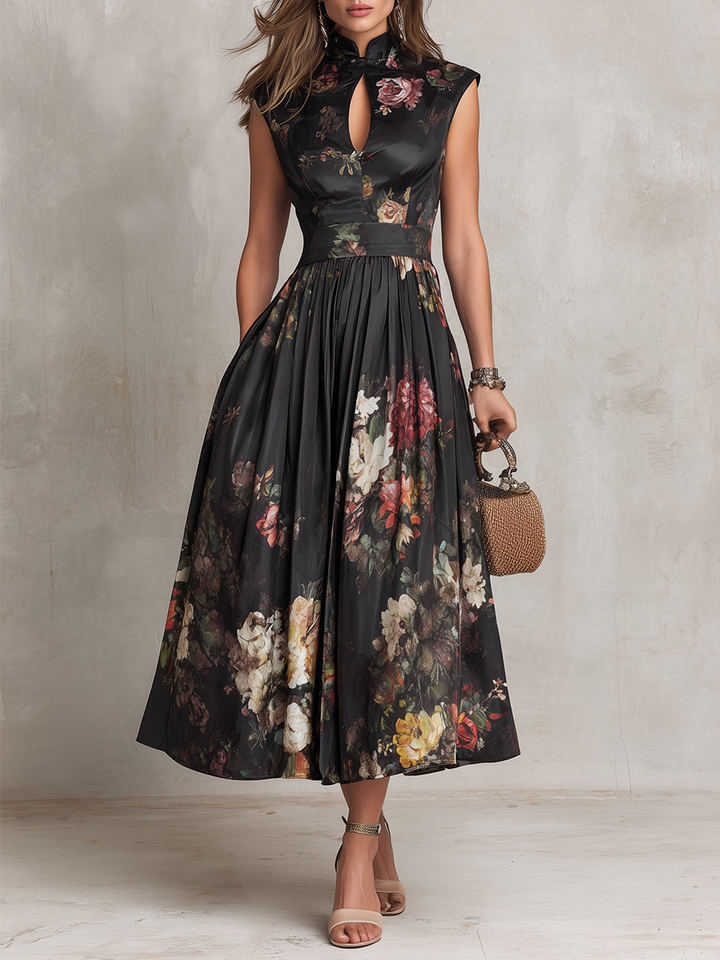 Greta – Midikleid plissiert aus Satin mit Blumenmuster schwarz – Produktansicht 1