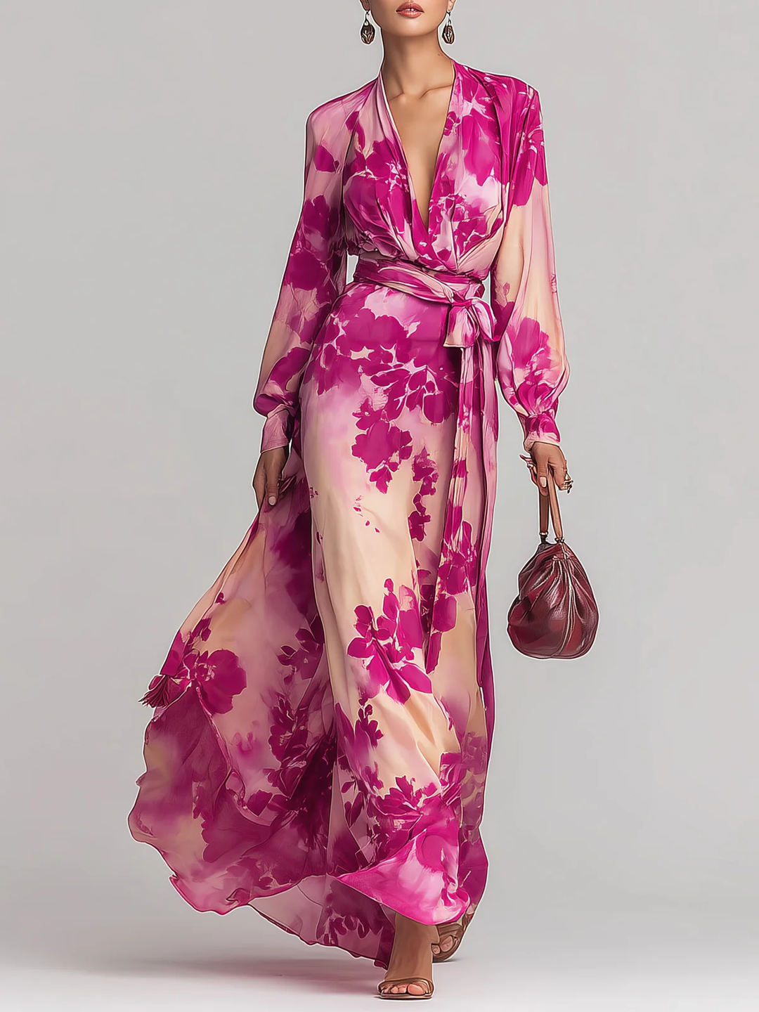 Annika – Maxikleid mit Blumenmuster mit V-Ausschnitt und Gürtel – Produktansicht 1