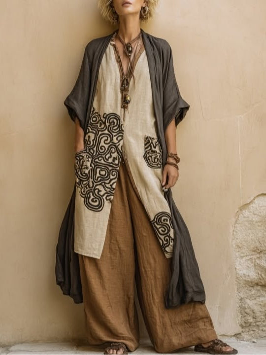 Elisabeth – Dreiteiliges Set aus dunkelgrau und braun mit Tribalprint – Produktansicht 1