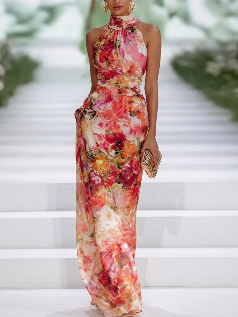 Carla – Maxikleid ärmellos aus Chiffon rot mit Blumen – Produktansicht 1
