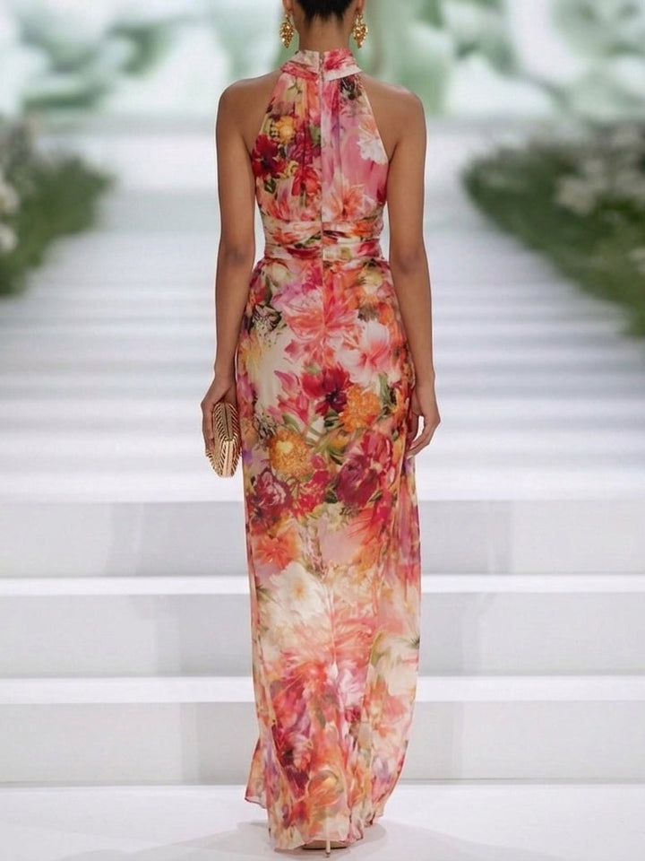 Carla – Maxikleid ärmellos aus Chiffon rot mit Blumen – Produktansicht 2