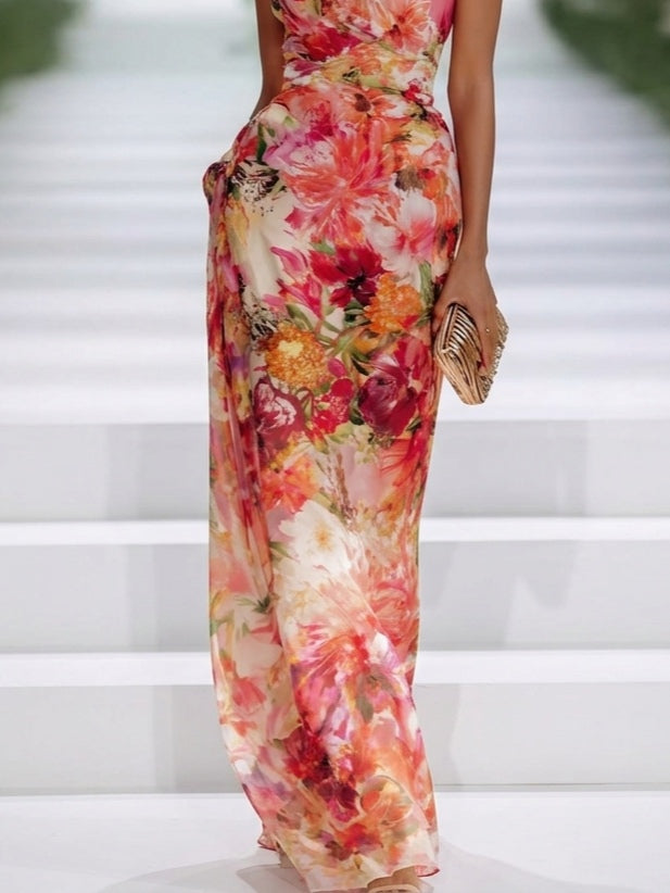 Carla – Maxikleid ärmellos aus Chiffon rot mit Blumen – Produktansicht 4