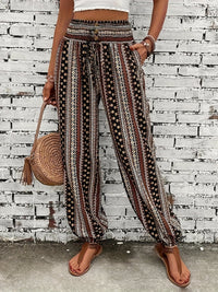 Boho High-Waist Damenhose mit Print & gesmoktem Bund – Linara