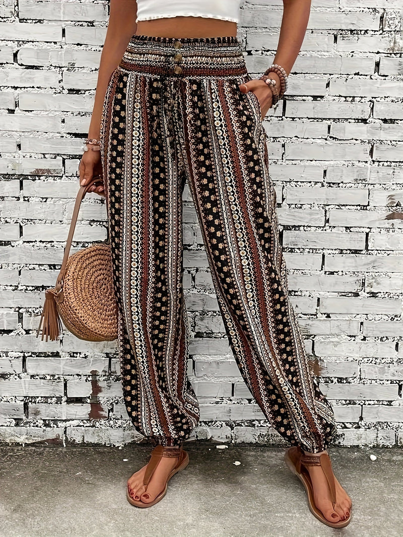 Boho High-Waist Damenhose mit Print & gesmoktem Bund – Linara
