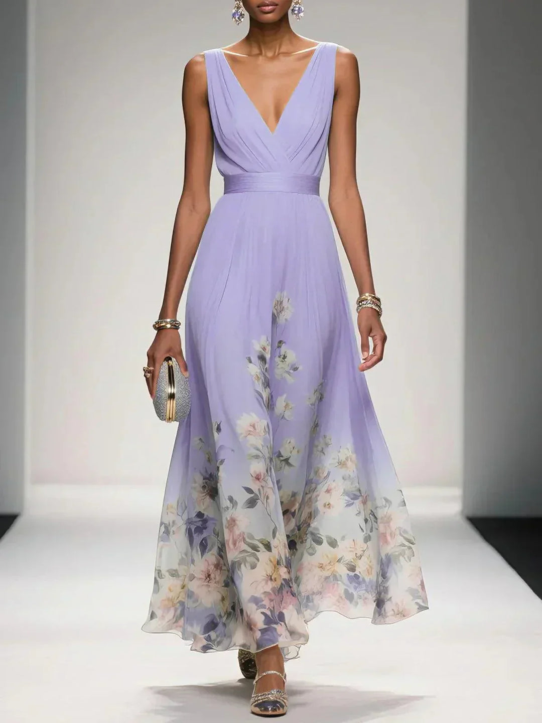 Paula – Maxikleid aus Chiffon mit Blumen hellblau und V-Ausschnitt – Produktansicht 9
