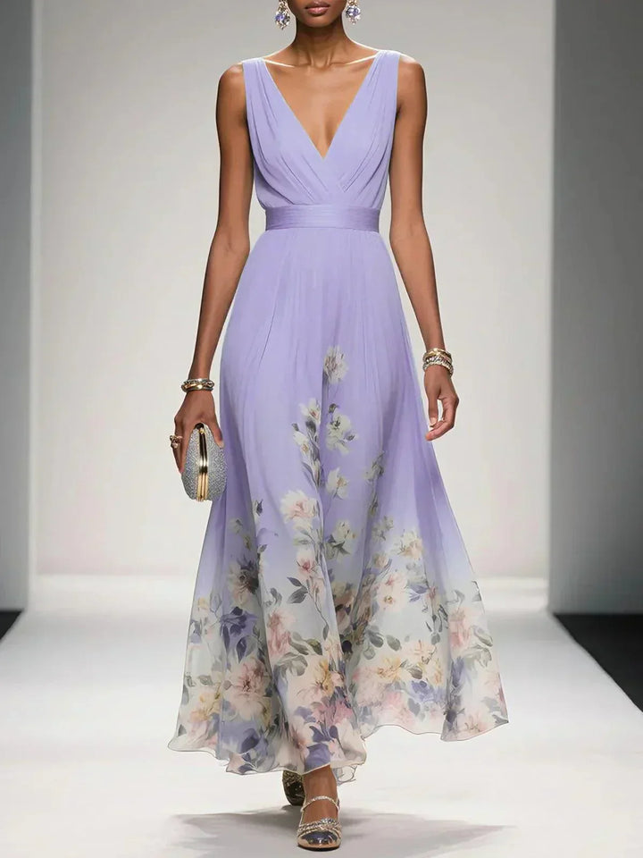Paula – Maxikleid aus Chiffon mit Blumen hellblau und V-Ausschnitt – Produktansicht 9