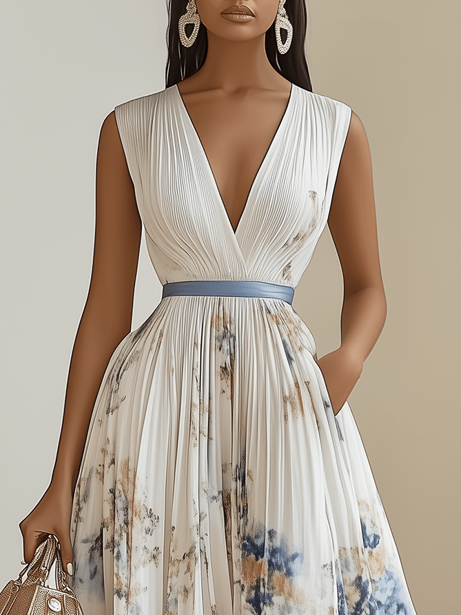 Birgit – Midikleid plissiert aus chiffon mit Blumenmuster weiß mit V-Ausschnitt – Produktansicht 2
