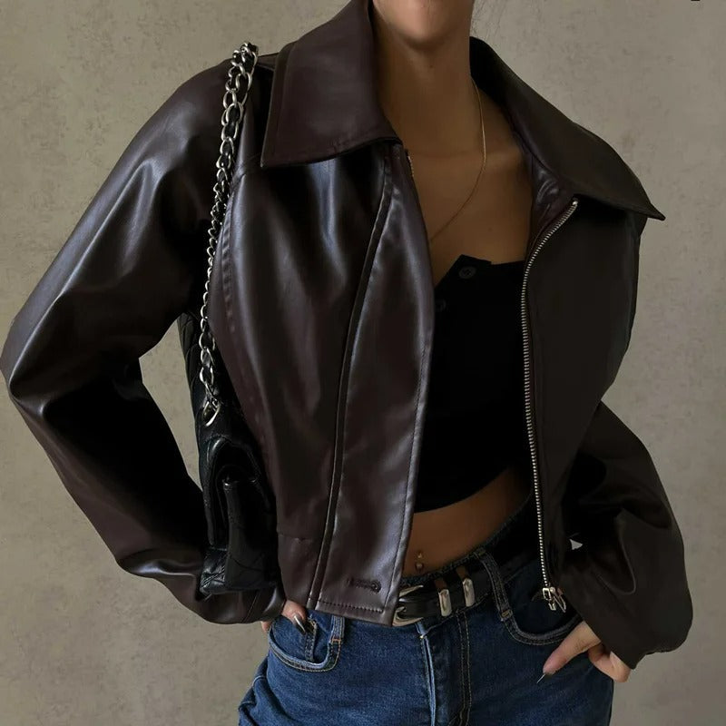Braune PU-Leder Damen Sommerjacke mit Reverskragen – Rivka