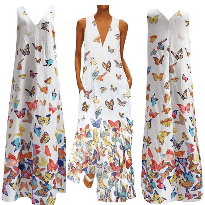 Trendy Ärmelloses Maxi-Sommerkleid mit Schmetterlingsmuster – Malia
