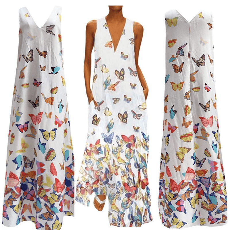 Trendy Ärmelloses Maxi-Sommerkleid mit Schmetterlingsmuster – Malia